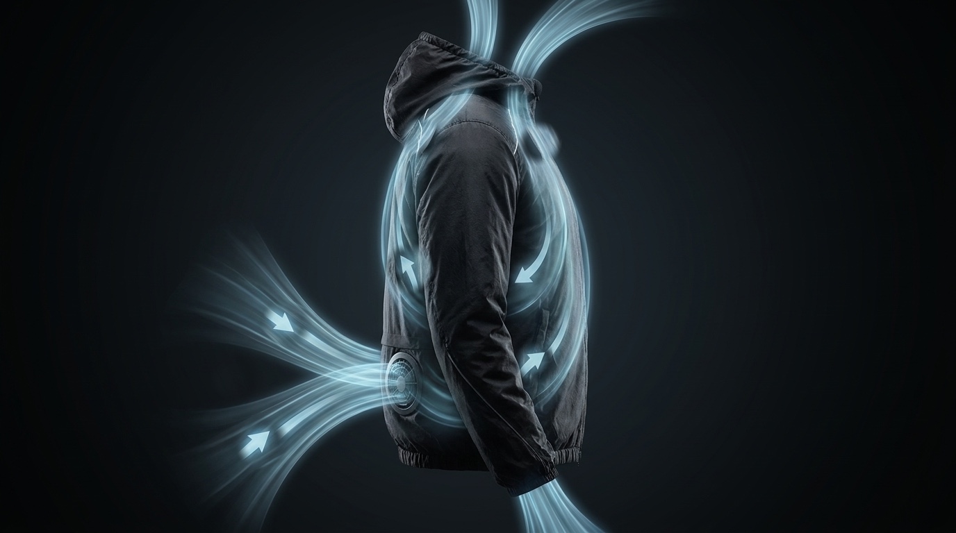 Air Jacket side view — air drawn in at the fan, circulating up through the shell and out the collar