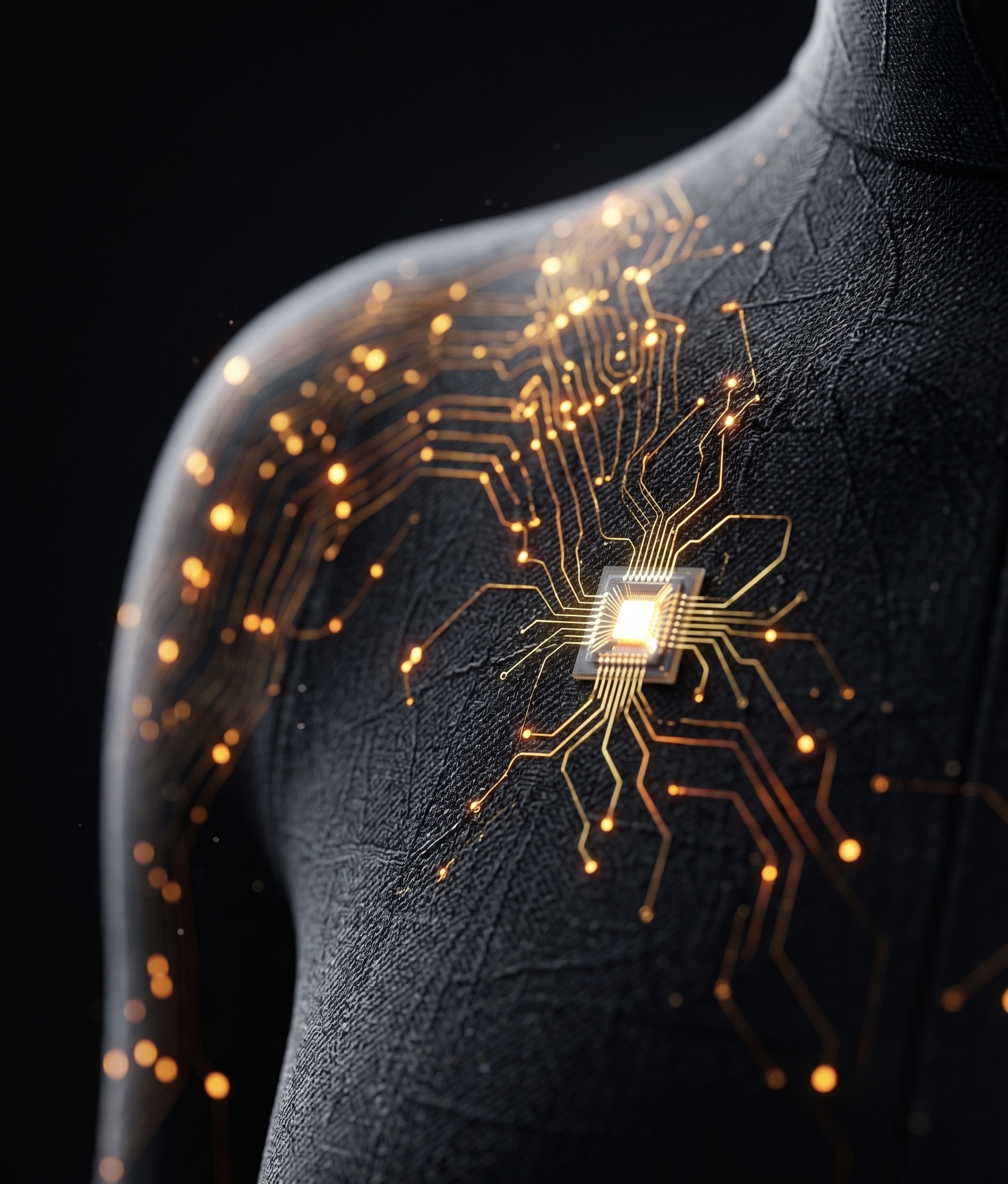 Layer 1 Pro sensing layer — embedded chip and golden traces woven into the fabric