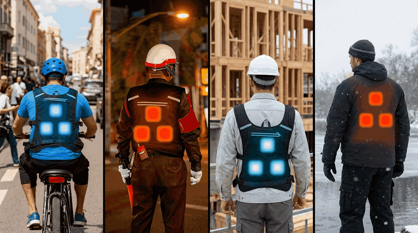 Four Flux Vest usage scenarios — outdoor work, personnel on duty, construction, and cold environments