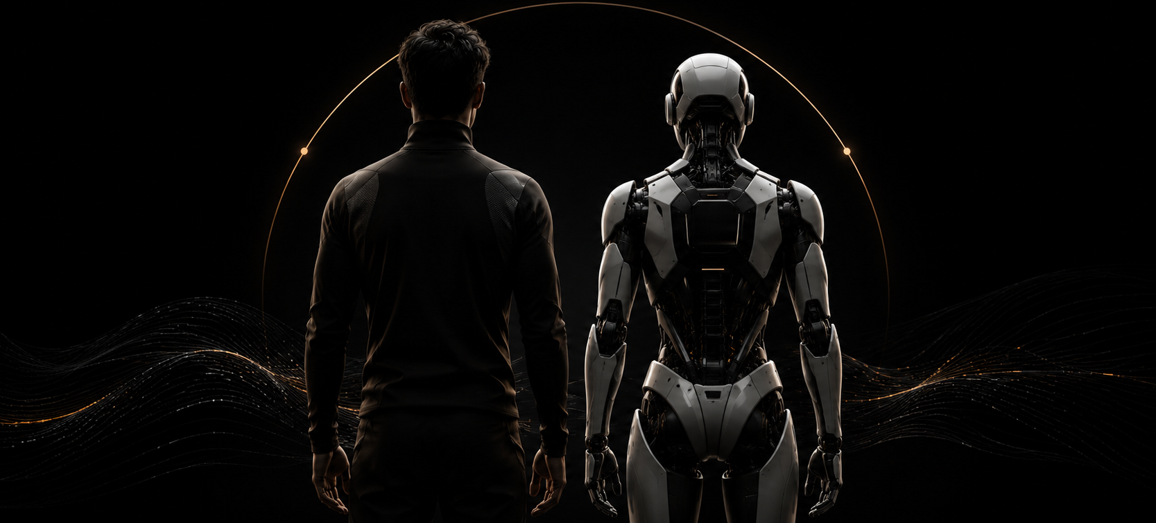 A human and a humanoid robot standing side by side, seen from behind, against a black studio backdrop
